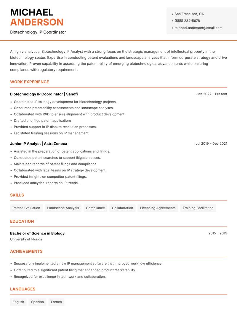 Biotechnology IP Analyst resume sample — Biotechnology IP Coordinator focus