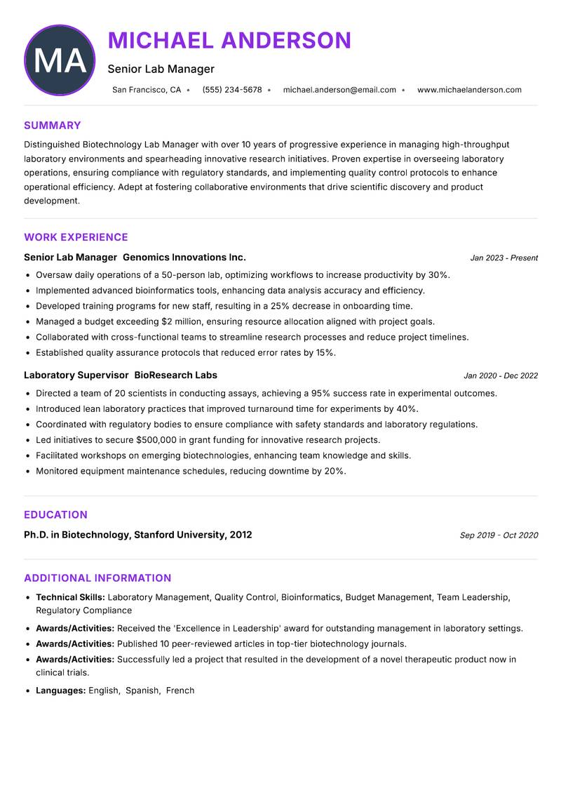 Biotechnology Lab Manager resume example