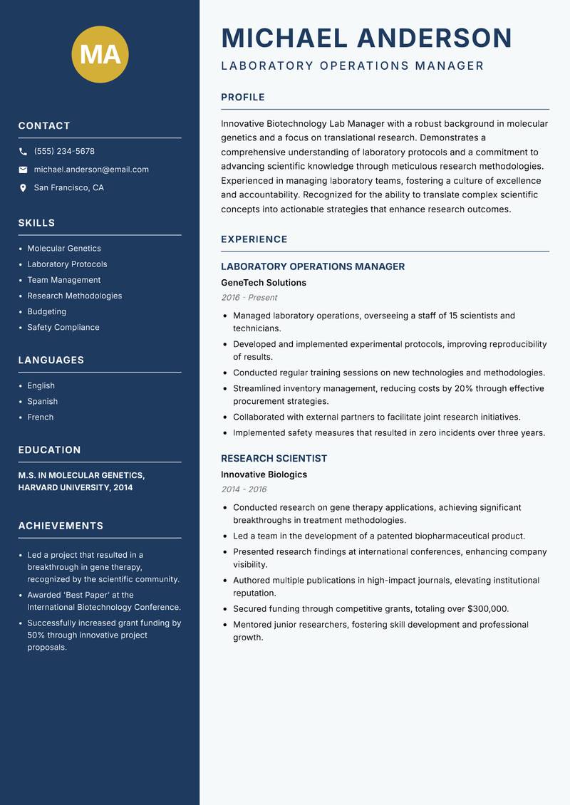 Biotechnology Lab Manager resume sample — Laboratory Operations Manager focus