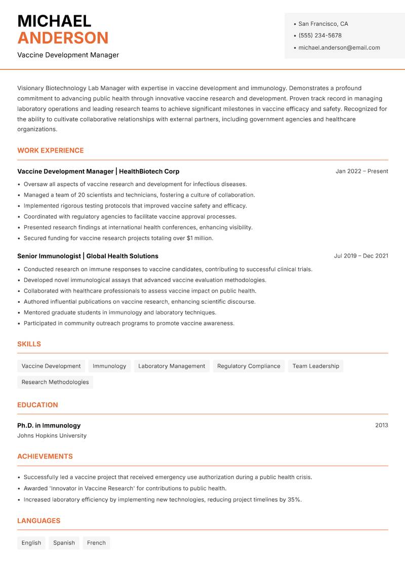 Biotechnology Lab Manager resume sample — Vaccine Development Manager focus