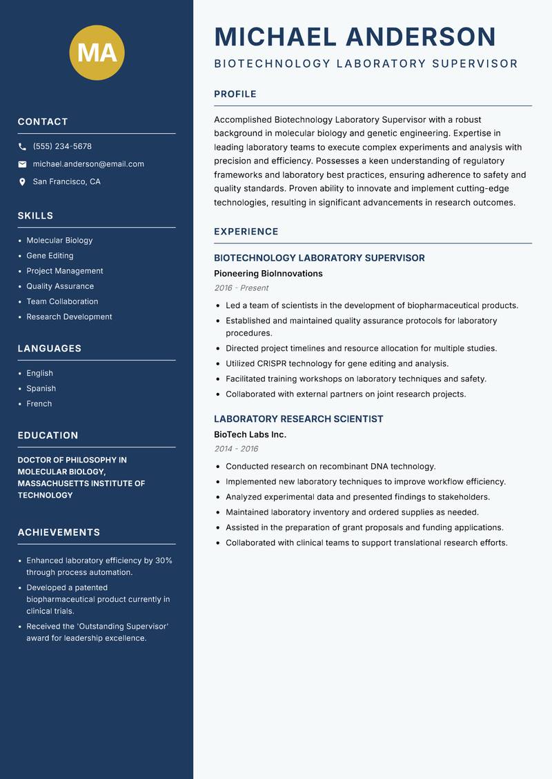 Biotechnology Laboratory Supervisor resume sample — Biotechnology Laboratory Supervisor focus