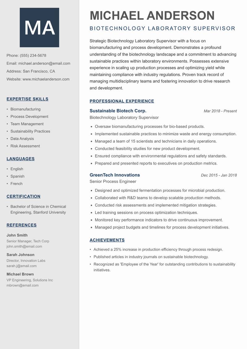 Biotechnology Laboratory Supervisor resume sample — Biotechnology Laboratory Supervisor focus
