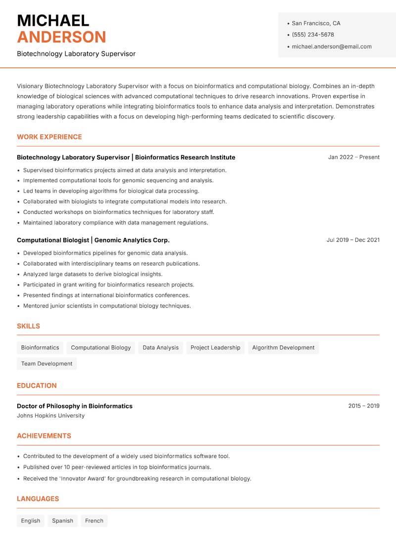 Biotechnology Laboratory Supervisor resume sample — Biotechnology Laboratory Supervisor focus