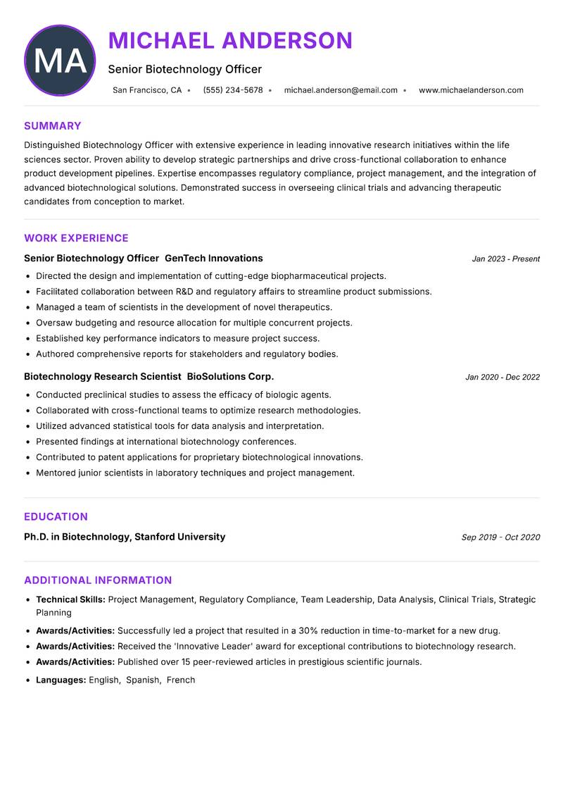 Biotechnology Officer resume example