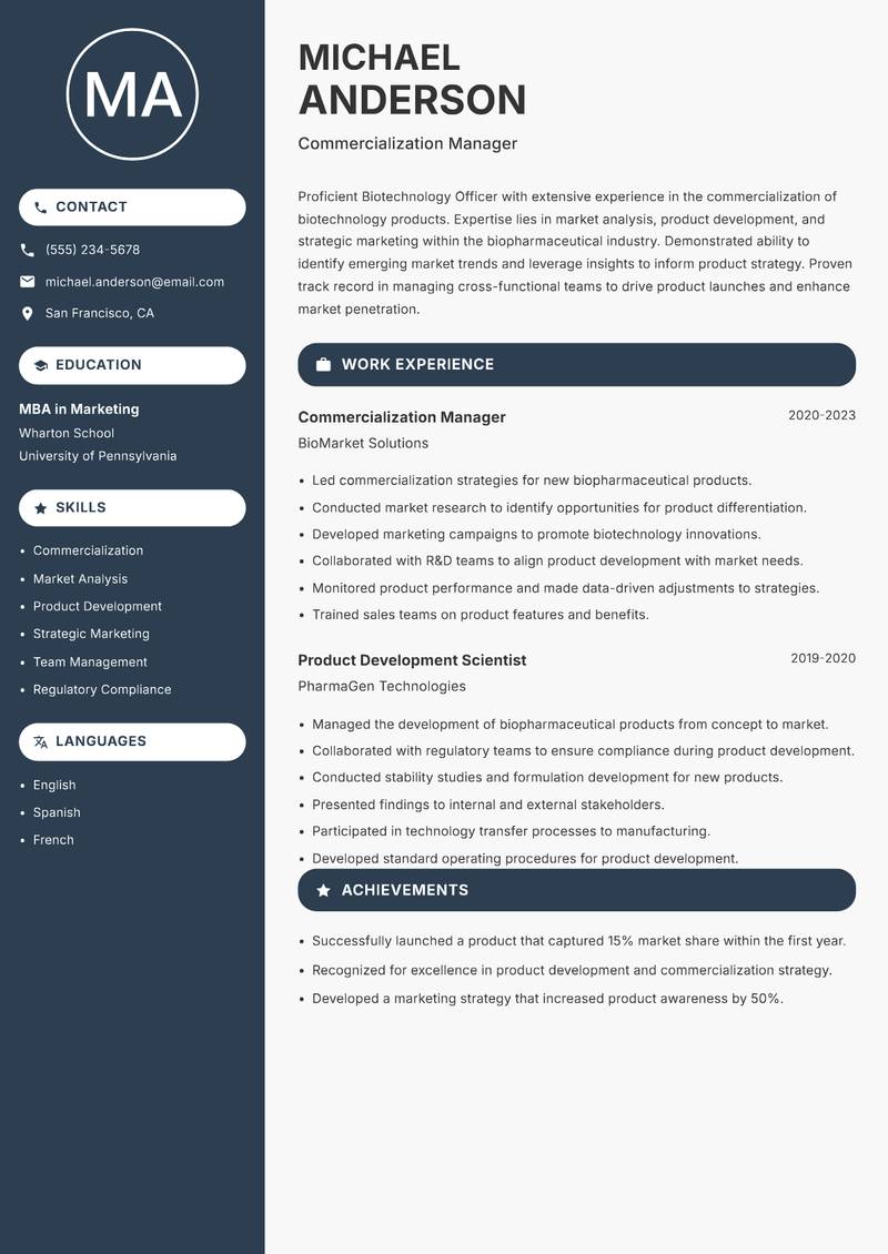Biotechnology Officer resume sample — Commercialization Manager focus