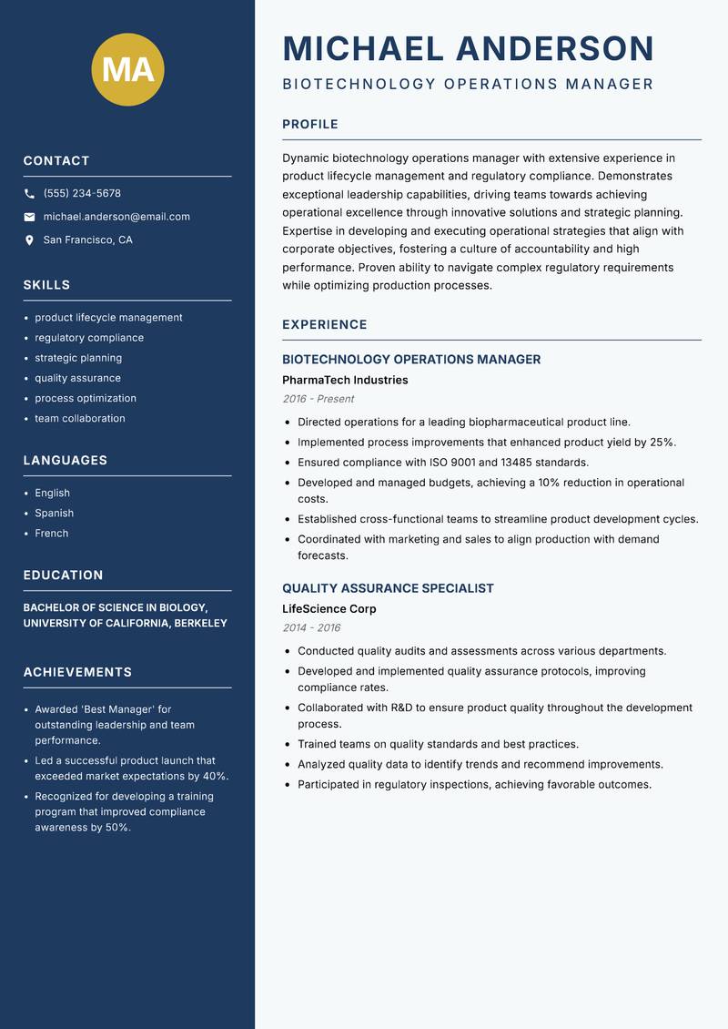 Biotechnology Operations Manager resume sample — Biotechnology Operations Manager focus