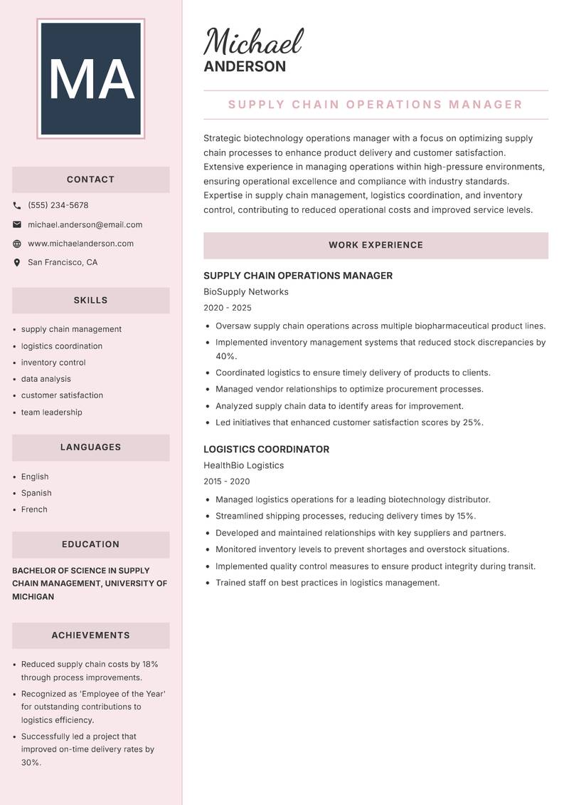 Biotechnology Operations Manager resume sample — Supply Chain Operations Manager focus