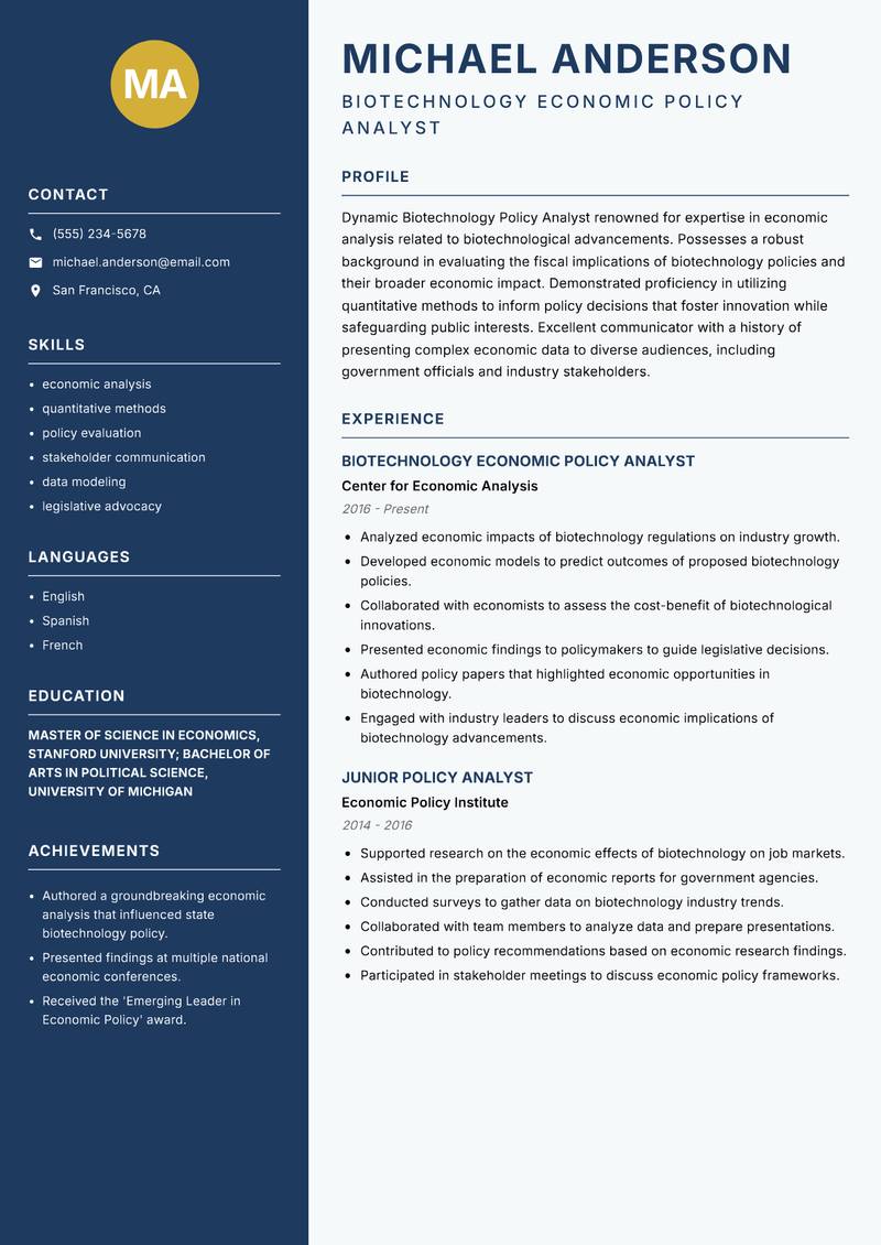 Biotechnology Policy Analyst resume sample — Biotechnology Economic Policy Analyst focus