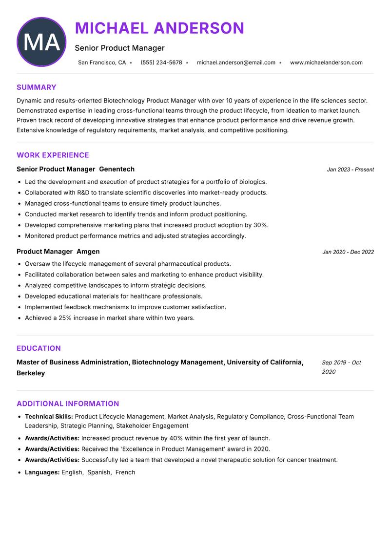 Biotechnology Product Manager resume example