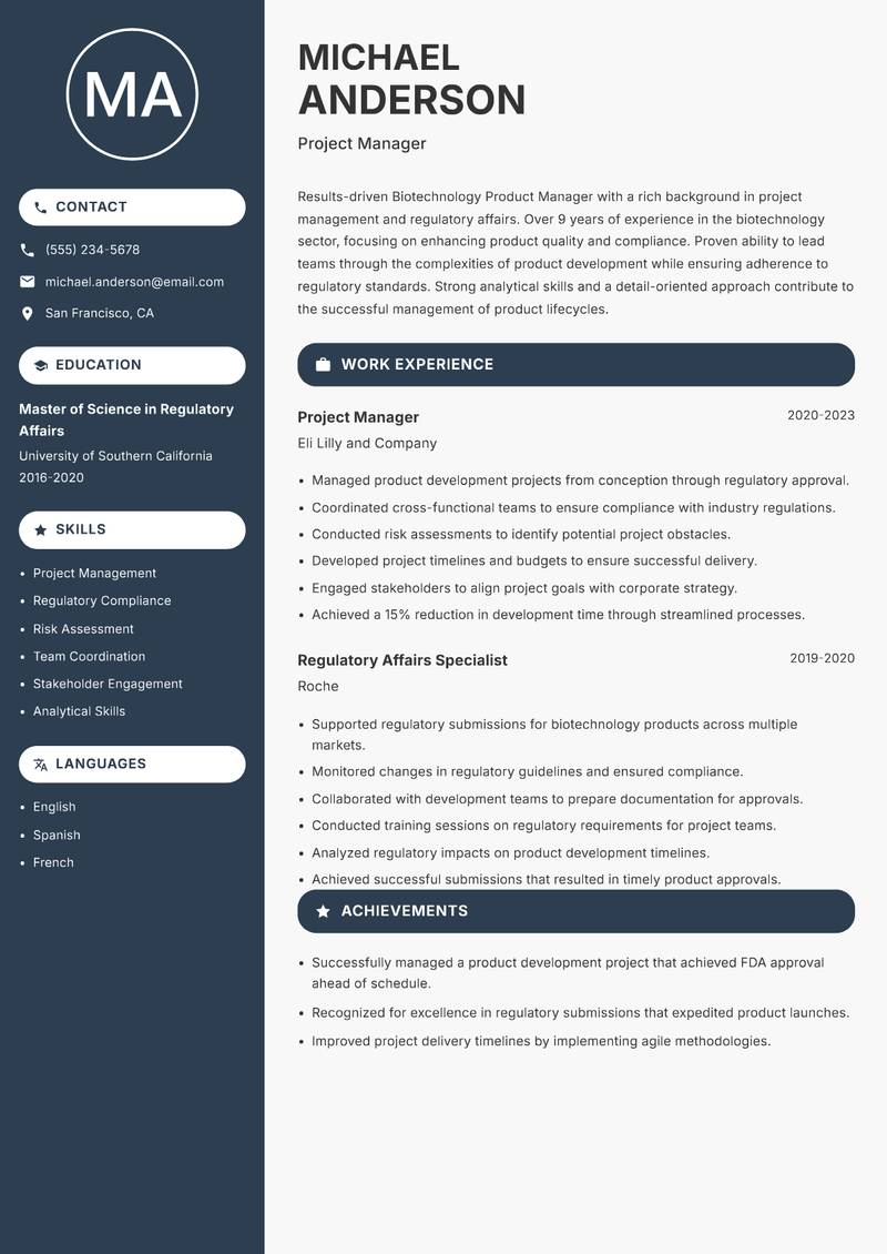 Biotechnology Product Manager resume sample — Project Manager focus