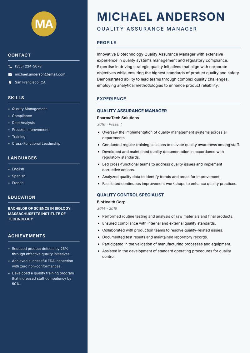 Biotechnology Quality Assurance Manager resume sample — Quality Assurance Manager focus