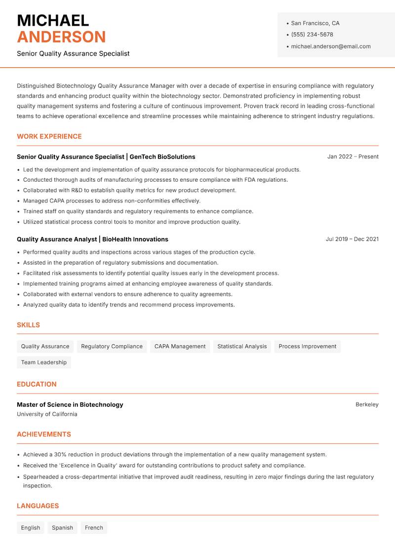 Biotechnology Quality Assurance Manager resume sample — Senior Quality Assurance Specialist focus
