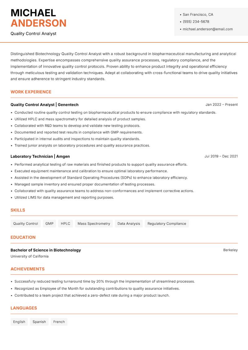 Biotechnology Quality Control Analyst resume sample — Quality Control Analyst focus
