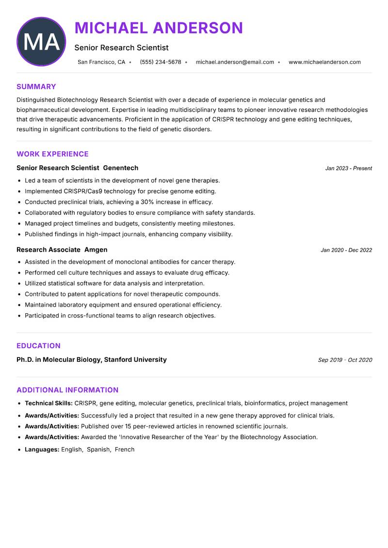 Biotechnology Research Scientist resume example