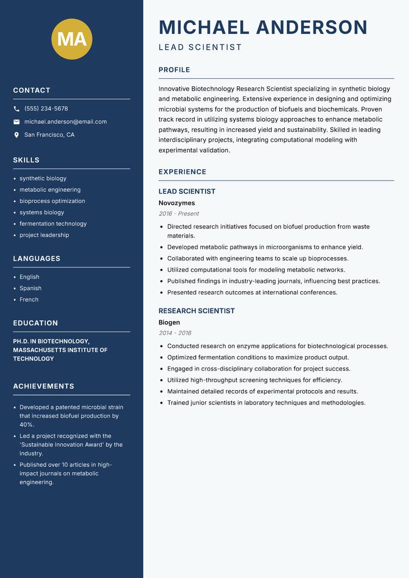 Biotechnology Research Scientist resume sample — Lead Scientist focus