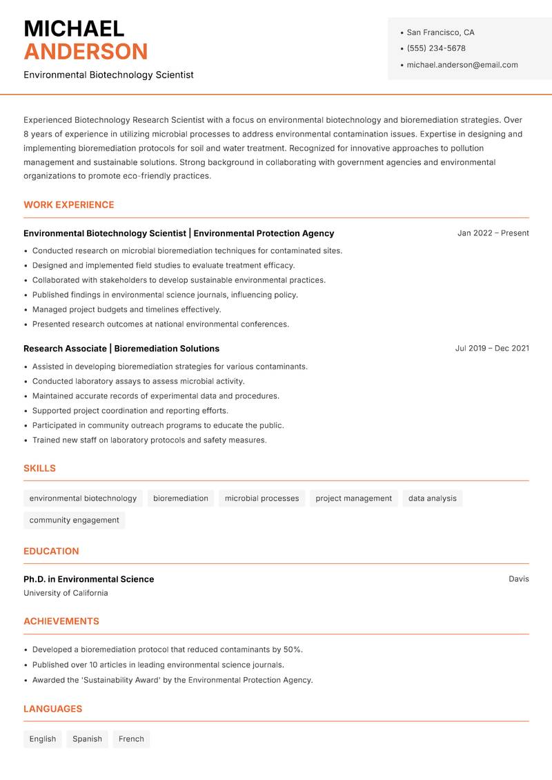 Biotechnology Research Scientist resume sample — Environmental Biotechnology Scientist focus