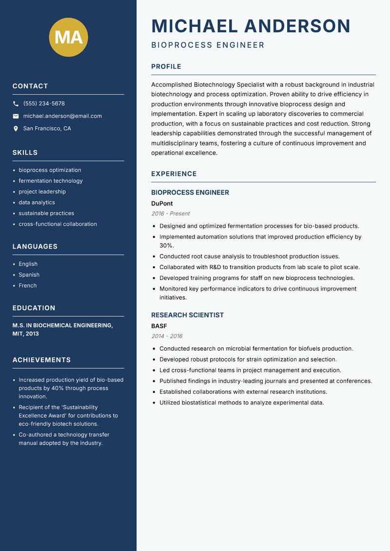 Biotechnology Specialist resume sample — Bioprocess Engineer focus