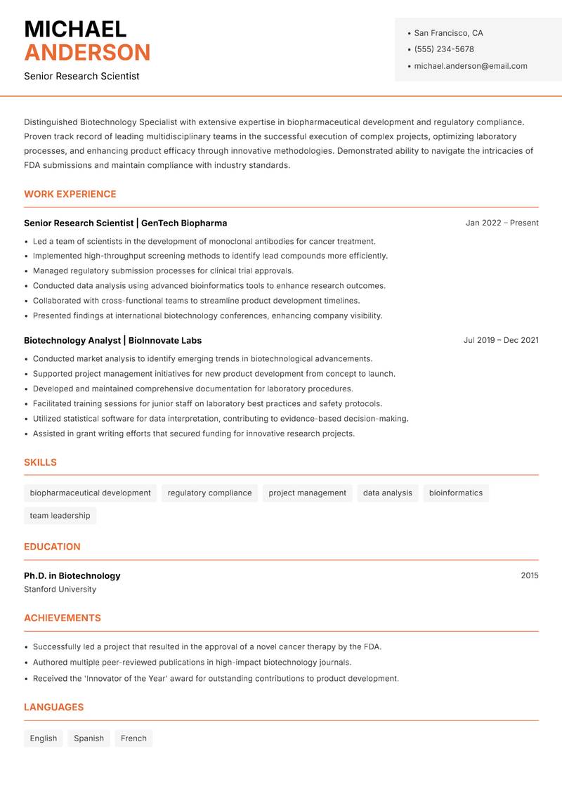 Biotechnology Specialist resume sample — Senior Research Scientist focus