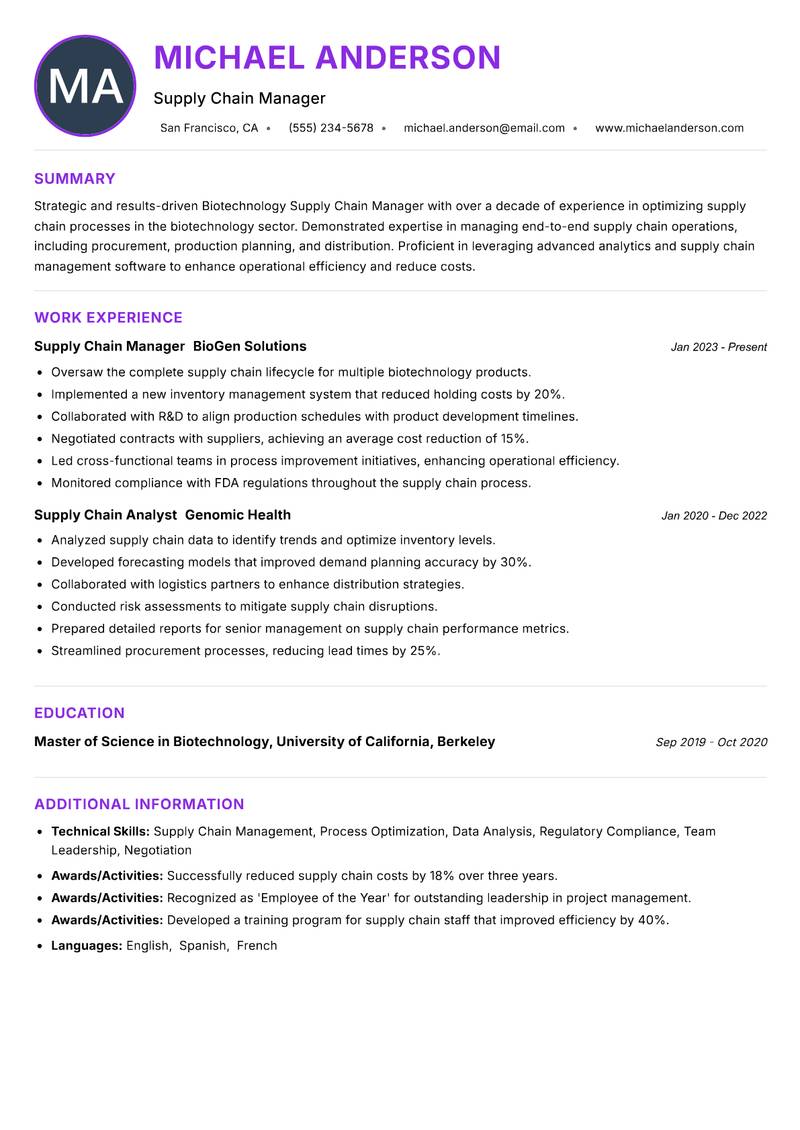 Biotechnology Supply Chain Manager resume example