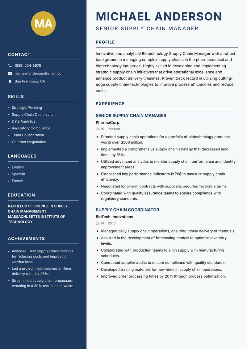 Biotechnology Supply Chain Manager resume sample — Senior Supply Chain Manager focus