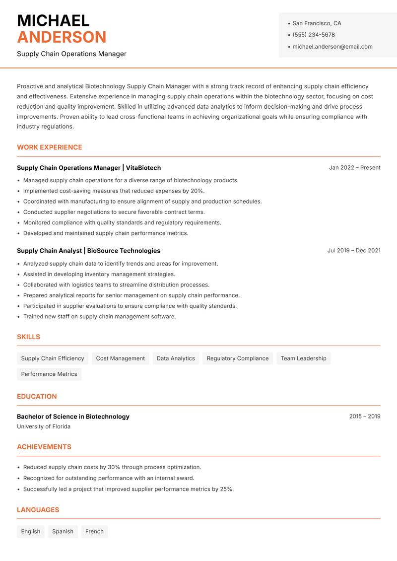 Biotechnology Supply Chain Manager resume sample — Supply Chain Operations Manager focus