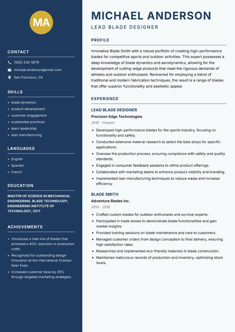 Blade Smith resume sample — Lead Blade Designer focus