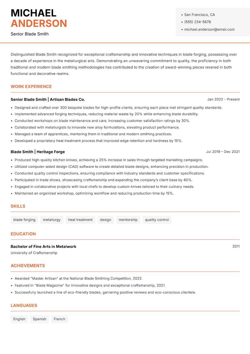 Blade Smith resume sample — Senior Blade Smith focus