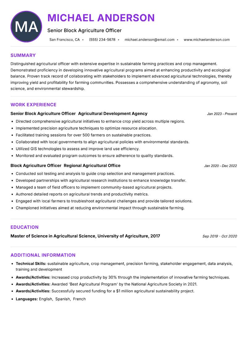 Block Agriculture Officer resume example