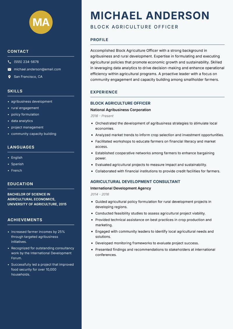 Block Agriculture Officer resume sample — Block Agriculture Officer focus