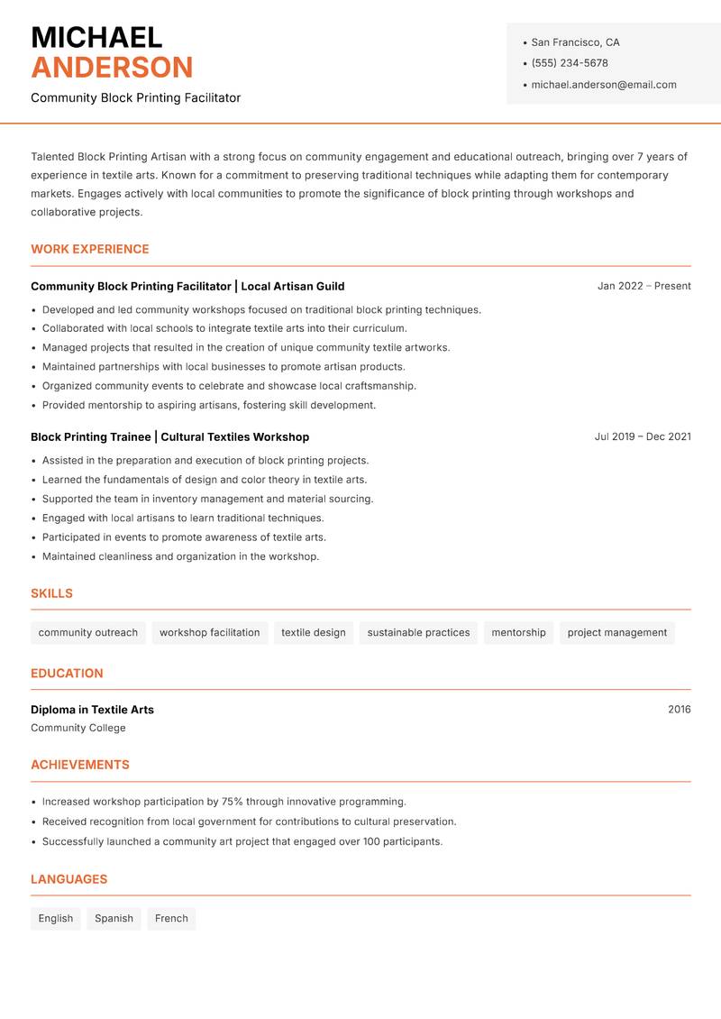 Block Printing Artisan resume sample — Community Block Printing Facilitator focus