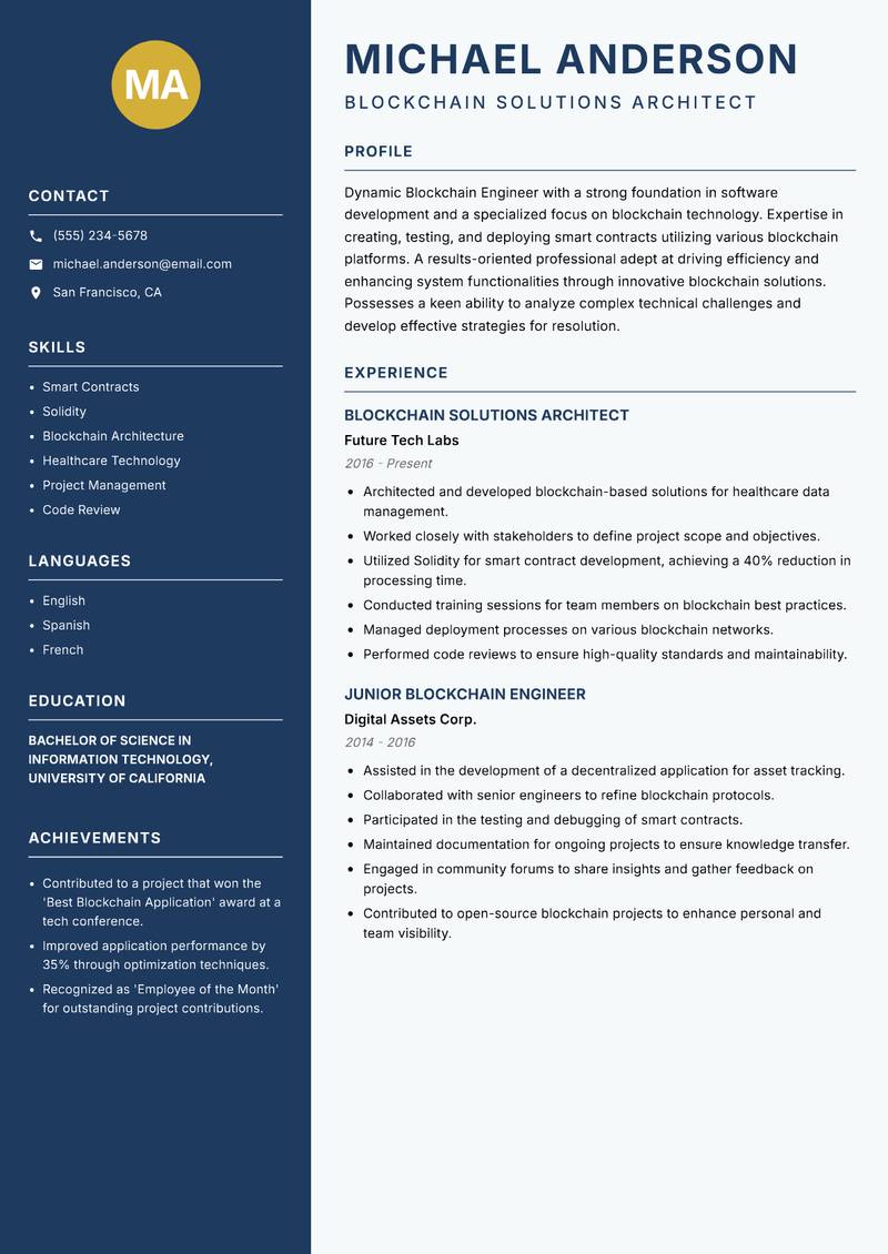 Blockchain Engineer resume sample — Blockchain Solutions Architect focus