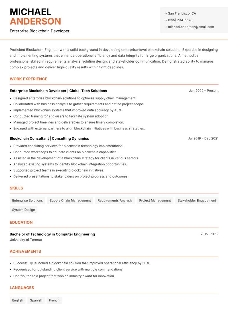 Blockchain Engineer resume sample — Enterprise Blockchain Developer focus