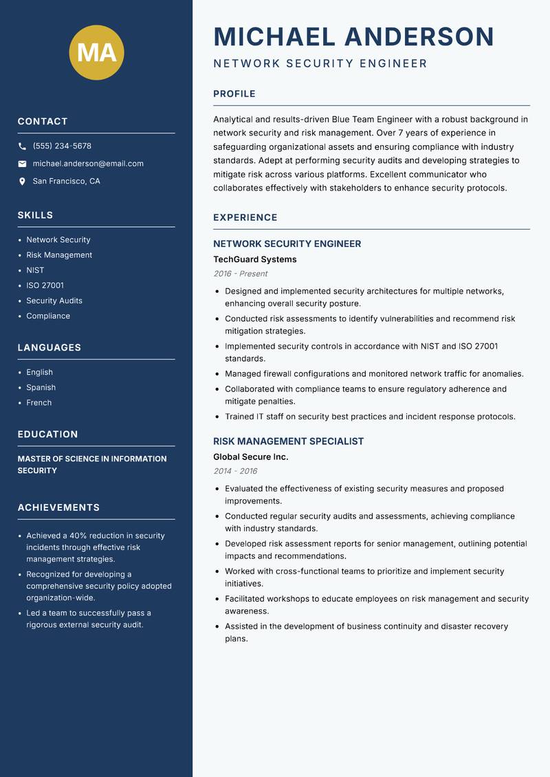 Blue Team Engineer resume sample — Network Security Engineer focus