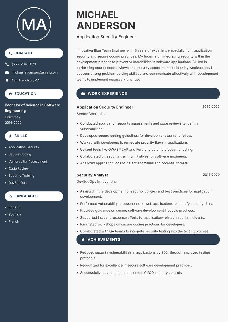 Blue Team Engineer resume sample — Application Security Engineer focus