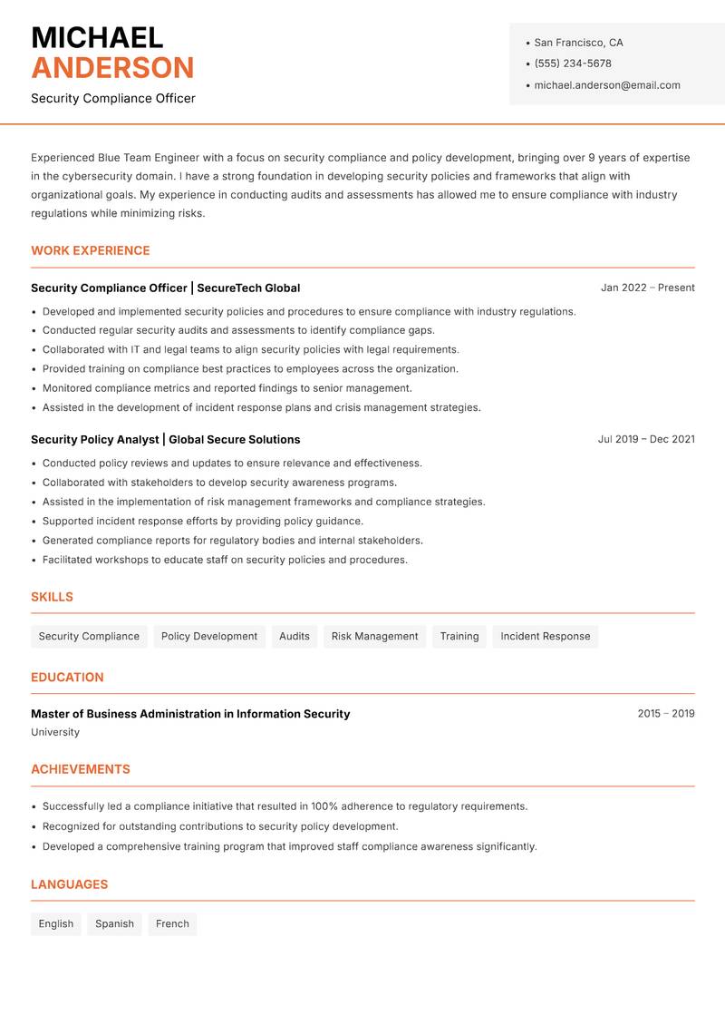 Blue Team Engineer resume sample — Security Compliance Officer focus