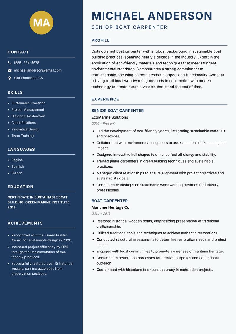 Boat Carpenter resume sample — Senior Boat Carpenter focus