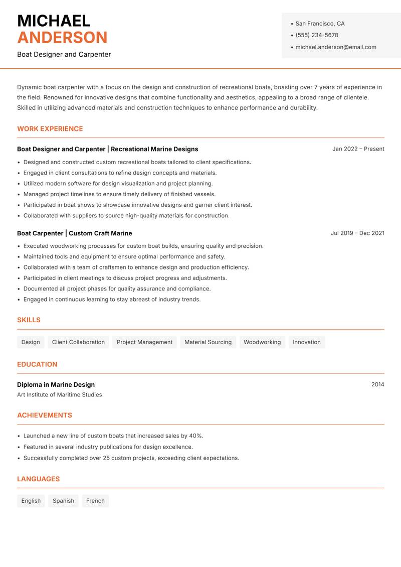 Boat Carpenter resume sample — Boat Designer and Carpenter focus