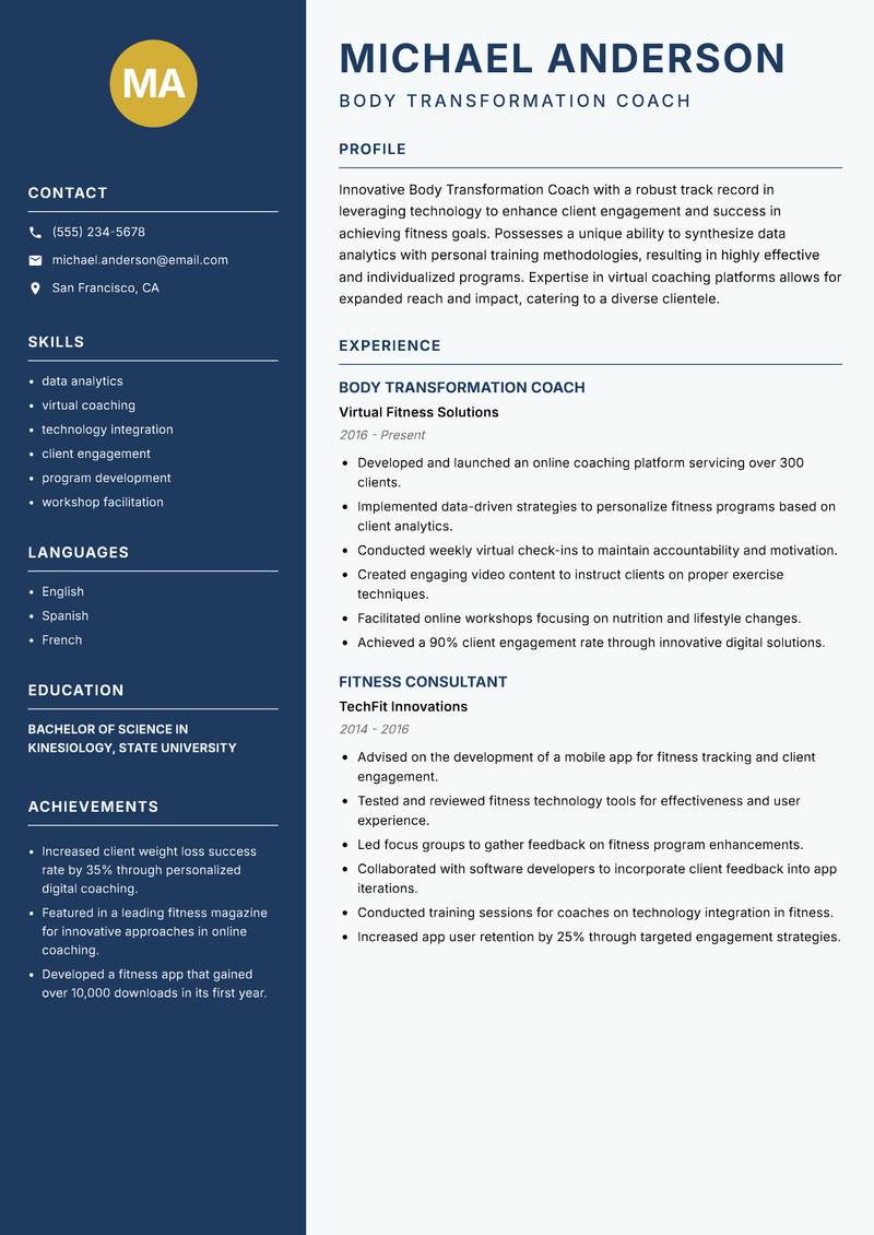 Body Transformation Coach resume sample — Body Transformation Coach focus