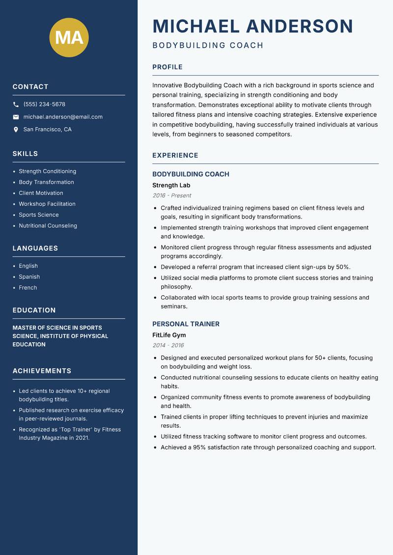 Bodybuilding Coach resume sample — Bodybuilding Coach focus