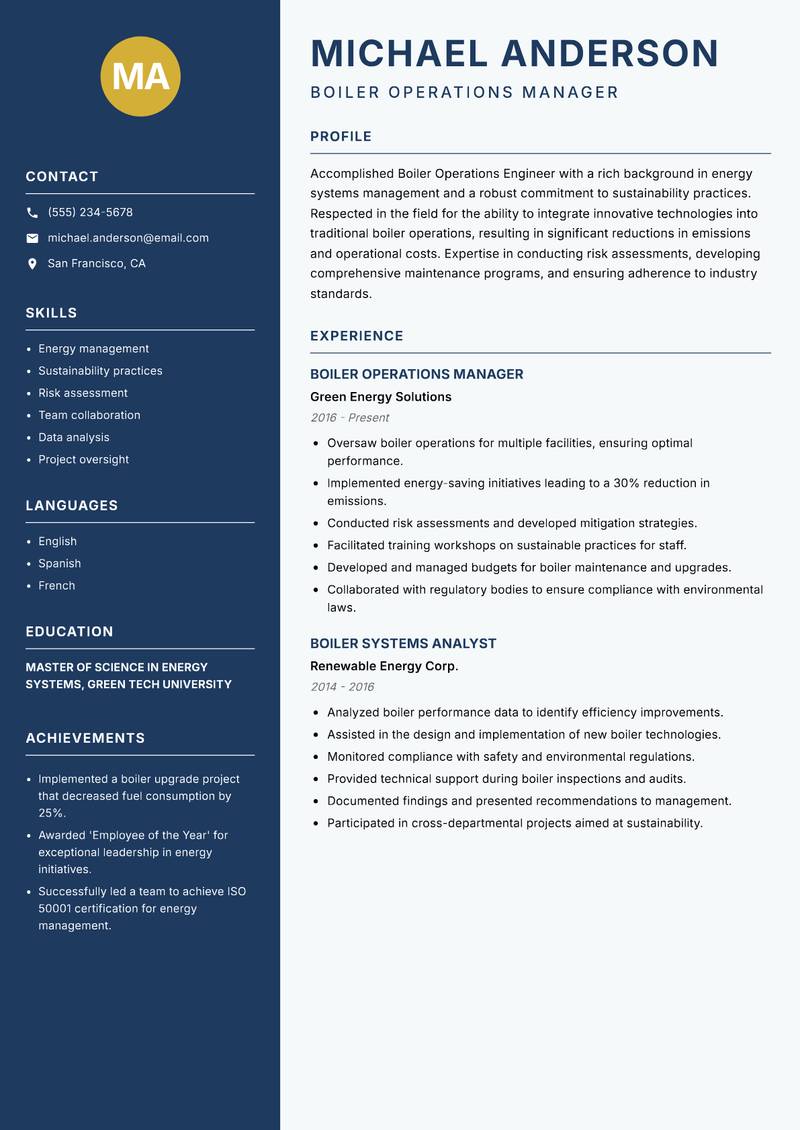 Boiler Operations Engineer resume sample — Boiler Operations Manager focus