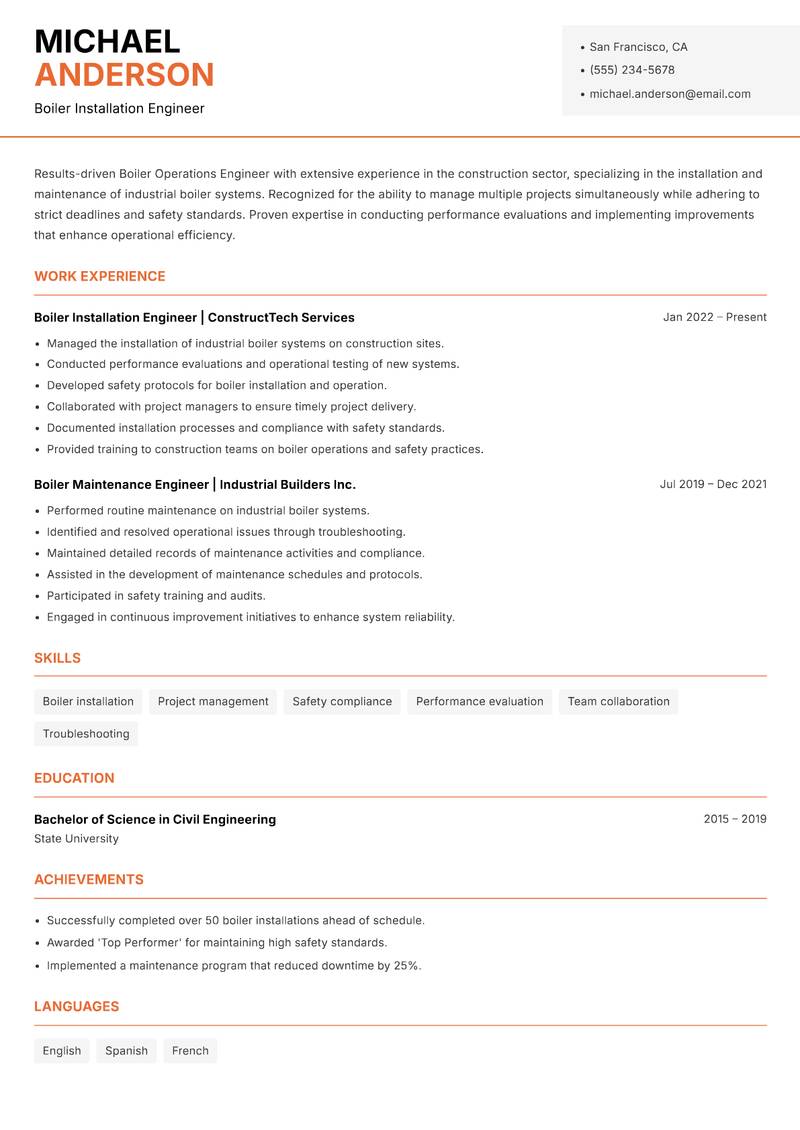 Boiler Operations Engineer resume sample — Boiler Installation Engineer focus