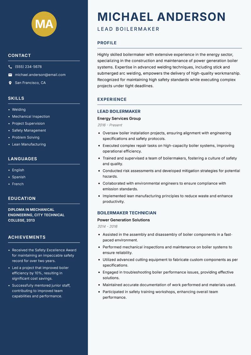 Boilermaker resume sample — Lead Boilermaker focus