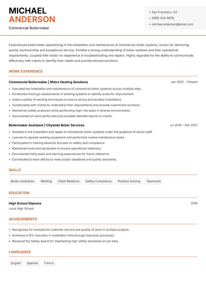 Boilermaker resume sample — Commercial Boilermaker focus