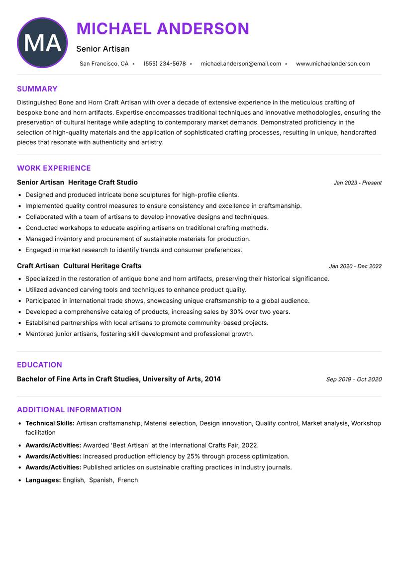 Bone and Horn Craft Artisan resume example