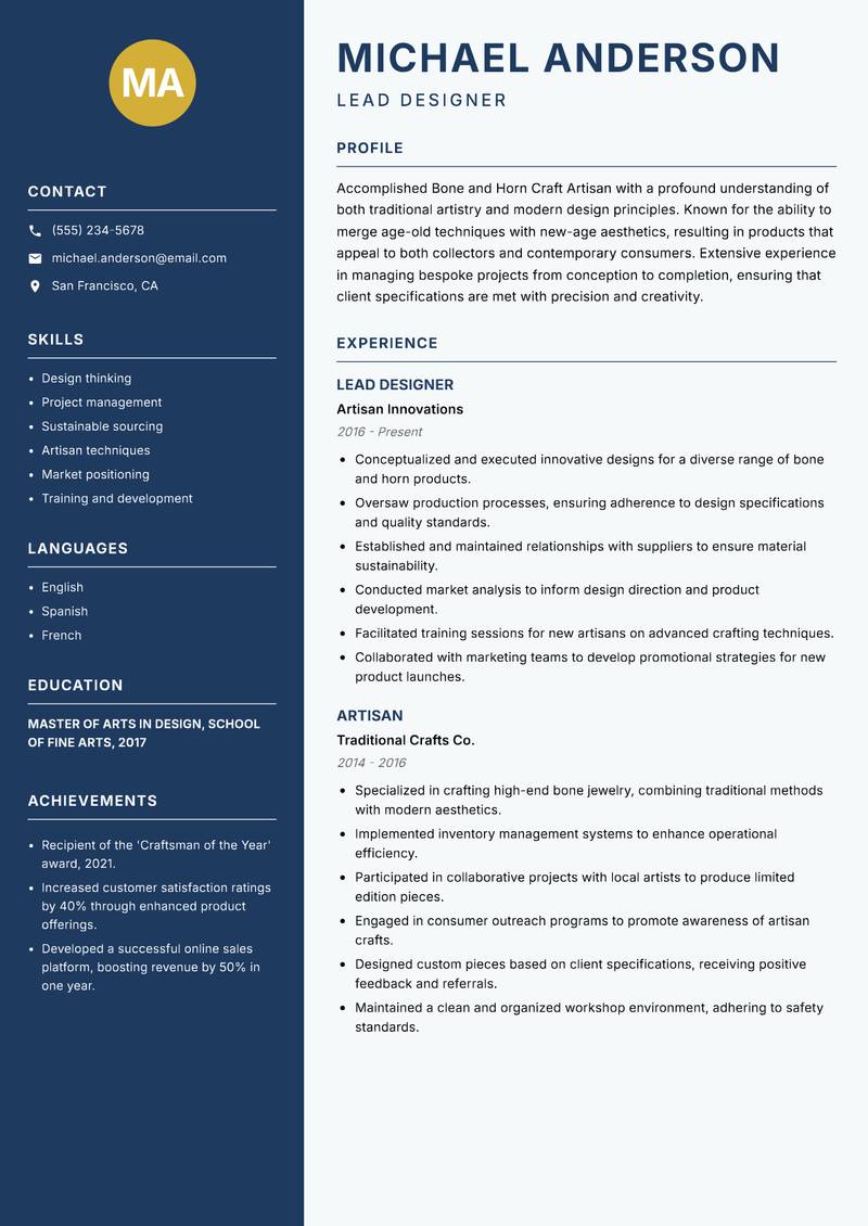 Bone and Horn Craft Artisan resume sample — Lead Designer focus