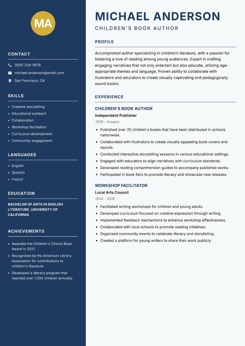 Book Author resume sample — Children's Book Author focus