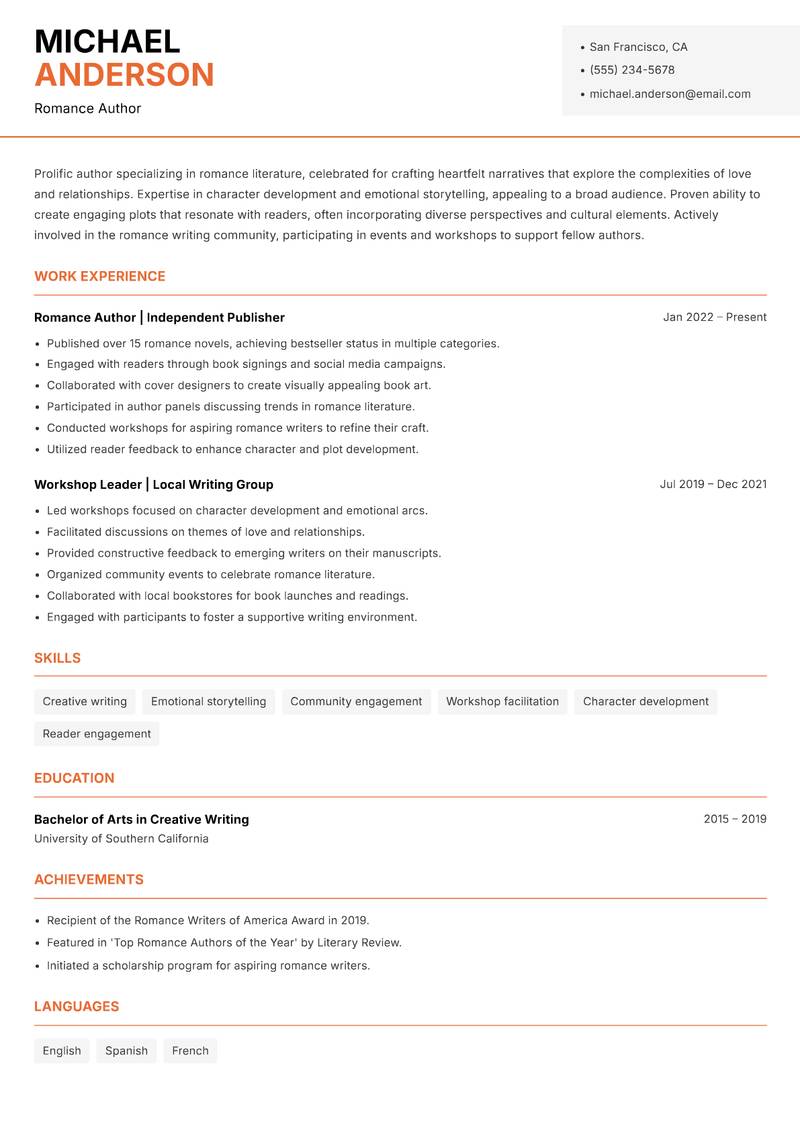 Book Author resume sample — Romance Author focus