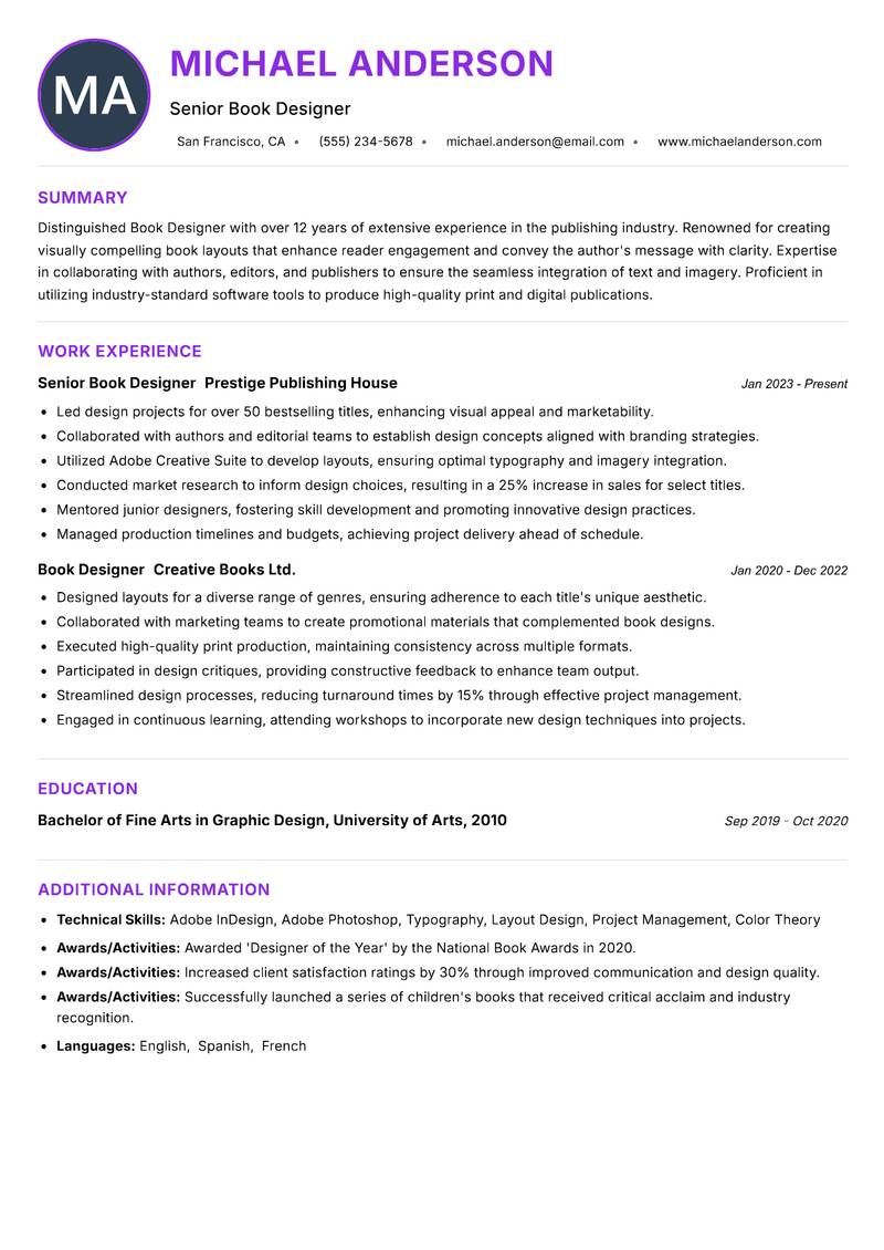 Book Designer resume example