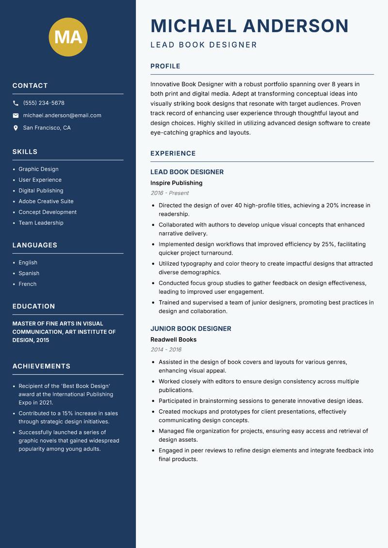 Book Designer resume sample — Lead Book Designer focus
