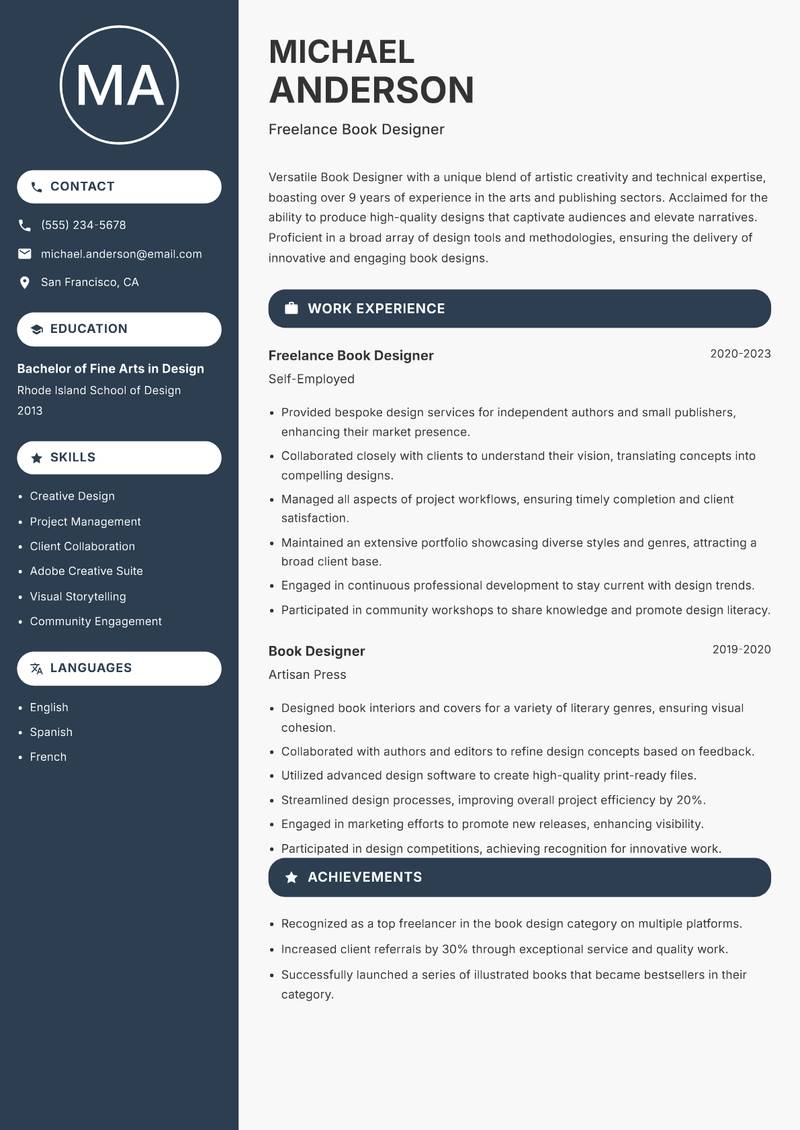 Book Designer resume sample — Freelance Book Designer focus
